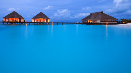 Over-water villas on a resort island in the Maldives.の写真素材