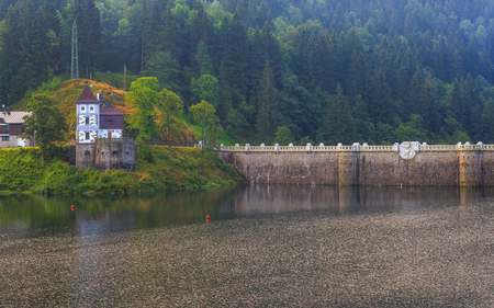 Early morning on the river Elbe. View of the dam. Czech Republic.の写真素材