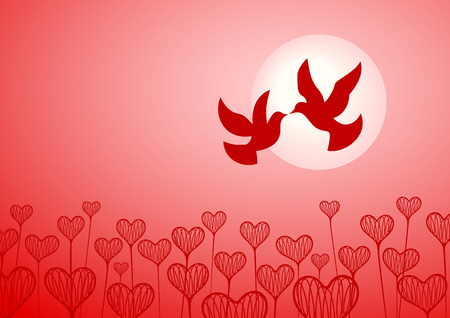 Vector illustration. Pigeons against the coming sun and a field with hearts in the form of plants.のイラスト素材