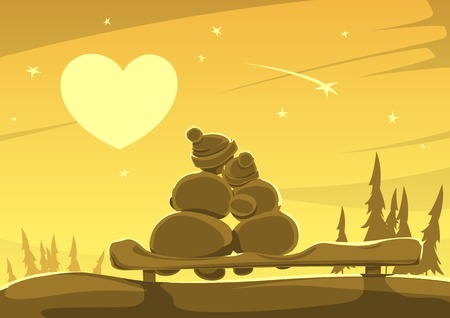 The snowman and snow woman, sitting on a benchのイラスト素材