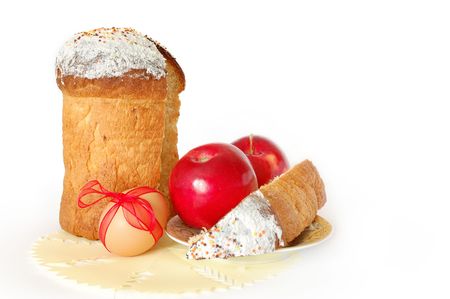Easter bread on a plate and egg with a red bow