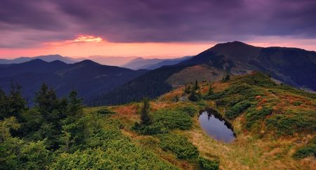 Dawn in mountains Carpathians, Ukraine. Autumn morningの写真素材