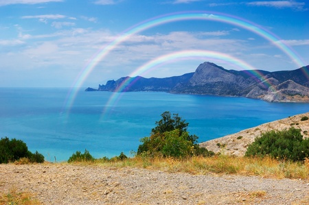 Summer day landscape with the sea and mountains. Ukraine, Republic of Crimeaの写真素材