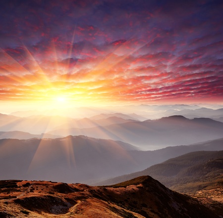 Dawn in mountains Carpathians, Ukraine. Autumn morningの写真素材