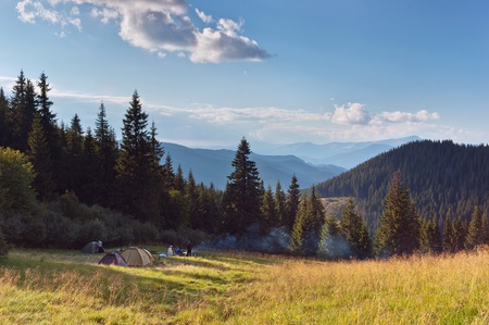 Summer landscape in the mountains camping and tourists. Ukraine, the Carpathian mountains.の写真素材