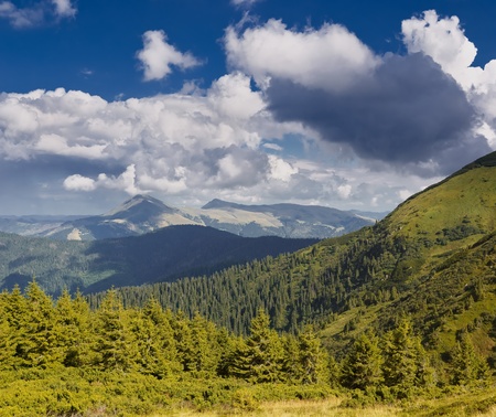 Summer sunny landscape with a cloudy sky. Ukraine, the Carpathian mountains.の写真素材