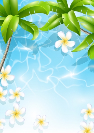 Frangipani flowers in the sea water under palm leaves  Tropical designのイラスト素材
