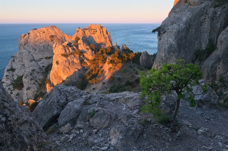 Beautiful landscape with the first rays of the sun  Cape in the seaside resort  Crimea