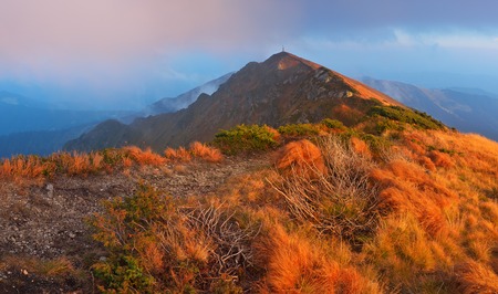 First rays of the sun on the mountain slopes  Beautiful landscape at dawn  Carpathian mountains, Ukraine, Europeの写真素材