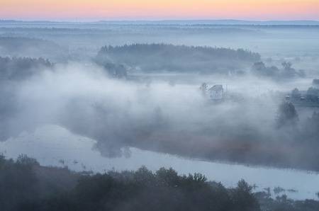 Morning landscape with mist over the river  A village in the Ukraine  Europeの写真素材