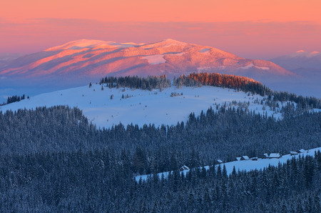 Dawn in mountains. Winter landscape with snow covered forestの写真素材