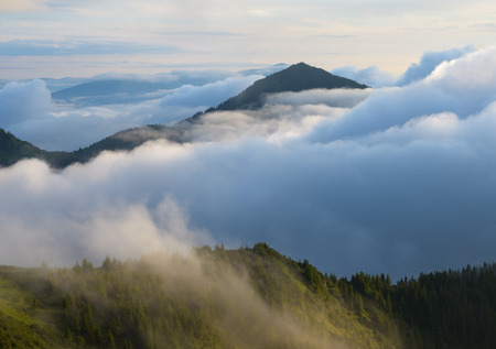 Summer landscape. Mountains in the clouds. Beauty in nature. Carpathians, Ukraine, Europeの写真素材
