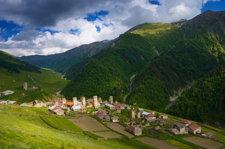 Summer landscape. The old mountain village. Adishi, Zemo Svaneti, Georgiaの写真素材