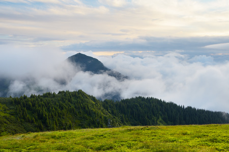 Summer landscape. Mountains in the clouds. Beauty in nature. Carpathians, Ukraine, Europeの写真素材