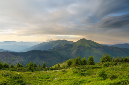 Mountain landscape. Summer morning with beautiful skyの写真素材