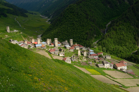 Mountain Village. Summer landscape. Adishi, Zemo Svaneti, Georgia, Caucasus.の写真素材