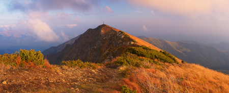 Panorama of mountains with path. Autumn landscape in the morning. Carpathians, Ukraine, Europeの写真素材