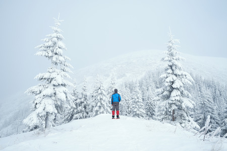Winter in the mountains. The tourist guy is standing on a hill and looking at the top in the fog. Fir forest in the snow after snowfallの写真素材