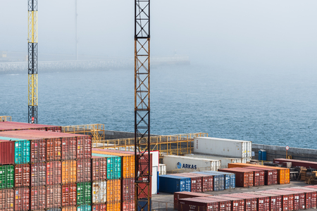 Ukraine, Odessa, April 11, 2018: containers in seaport. Large port of the Black Sea. Shipping and shipment worldwideのeditorial素材