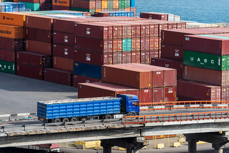 Ukraine, Odessa, April 11, 2018: containers in seaport. Large port of the Black Sea. Shipping and shipment worldwideのeditorial素材