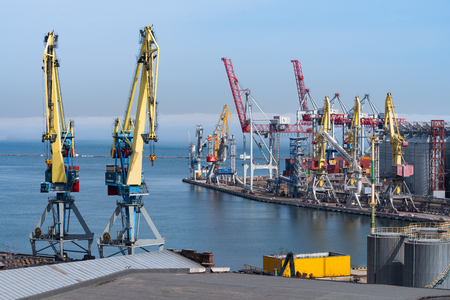 Ukraine, Odessa, April 11, 2018: cranes in the port on the Black Seaのeditorial素材