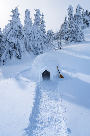 Landscape with snow igloo. Extreme house. Winter in the mountain