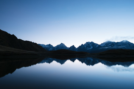 Mountain Lake Koruldi. Morning landscape with clear sky and reflection in water. Main Caucasian...