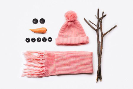 Instructions for the design of a snowman. Hat, scarf, carrot, buttons and tree branches - set for winter funの写真素材