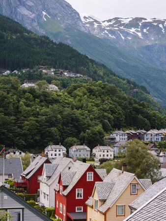 Typical, traditional Scandinavian architecture. Norwegian mountain village in summer. Odda, Norwayの写真素材