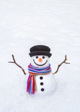 Christmas background for design. Cute snowman with a kind smile. Winter card with copy space for textの写真素材