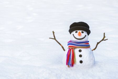 Funny winter card with a smiling snowman. Christmas scene with copy space for greeting textの写真素材