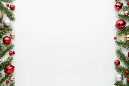 Christmas card with white background. New Year banner with copy space. Top view, flat layの写真素材