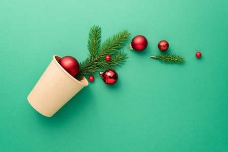 Christmas turquoise background with tree ornaments and copy space for text