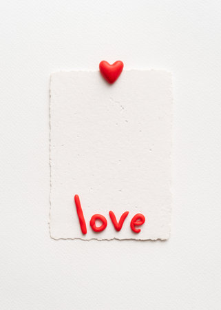 Valentines Day card with heart, note and word love in red letters on a white background. Flat lay with copy spaceの写真素材