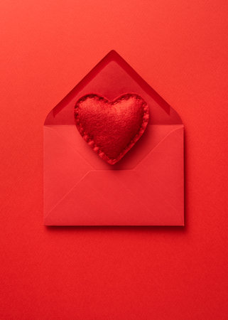 Valentines Day concept with heart in envelope in red color. Top view with copy spaceの写真素材