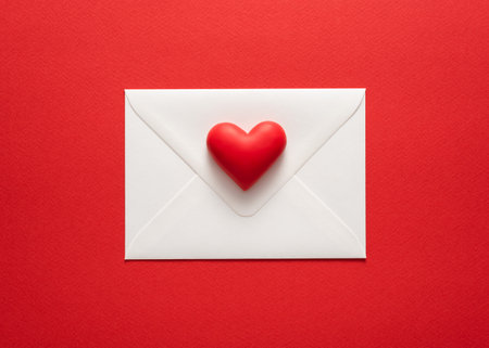 Valentine's day card in red colors with heart on white envelope.の写真素材