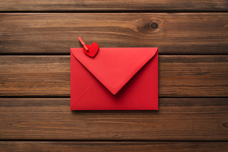 Valentines day card with red envelope and heart on vintage wooden backgroundの写真素材