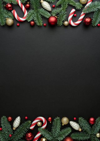 Frame of Christmas tree ornaments on a black background. Festive design with place for textの写真素材