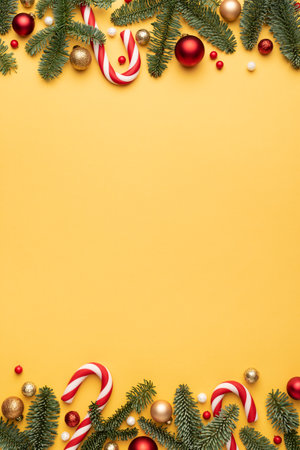 Yellow Christmas background with holiday border. Flat lay, top view and copy space for textの写真素材