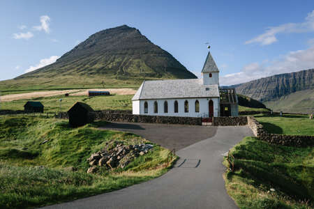 Vidareidi church of Viderejde village on the Island of Vidoy, Faroe Islandsの写真素材