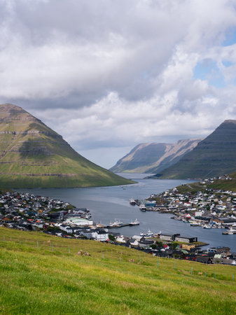 View from above to the city of Klaksvik, Faroe Islandsの写真素材