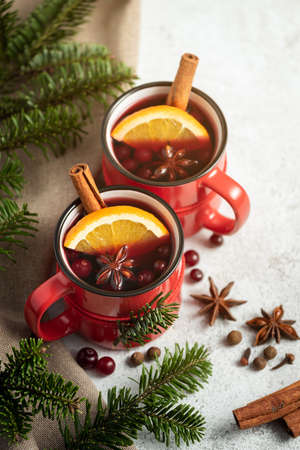 Two red cups of mulled wine surrounded by fir branches and spicesの写真素材