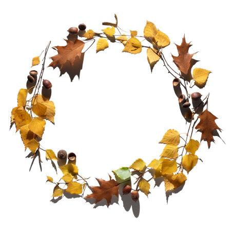Autumn background with round decorative frame of fallen leaves isolated on white with copy spaceの写真素材