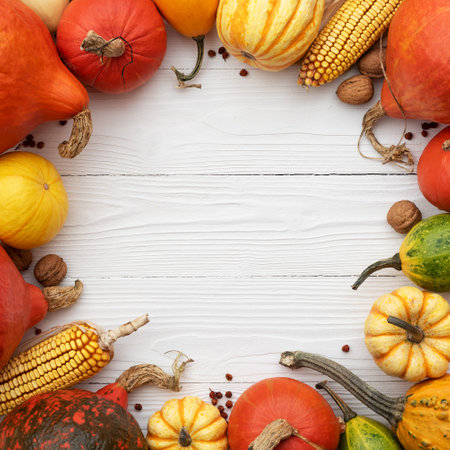 Autumn card with a frame of pumpkins and decorative gourds on a white background with copy space for textの写真素材