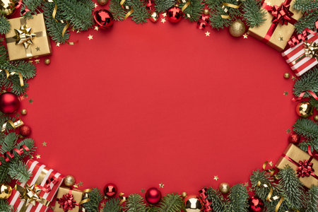 Christmas Frame on Red Background with Christmas Decorationsの写真素材