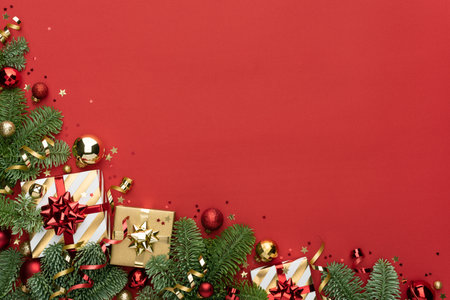 Red Christmas Background with Corner Border Decorationの写真素材