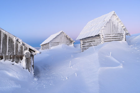 Winter Landscape Frosty Morning with Wooden Houses in Frostの写真素材