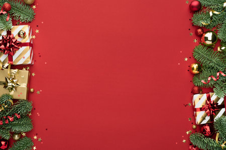 Red Christmas Background with a Double-Sided Decoration Border and Copy Space for Textの写真素材