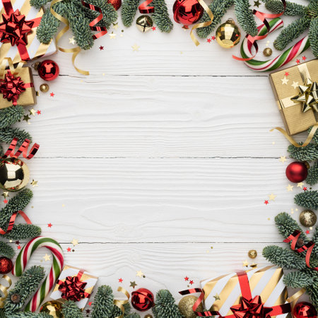 Christmas Background with Round Ornament Frame on White, Featuring Copy Spaceの写真素材