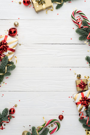 Christmas Background with Decorative Frame on White and Copy Spaceの写真素材